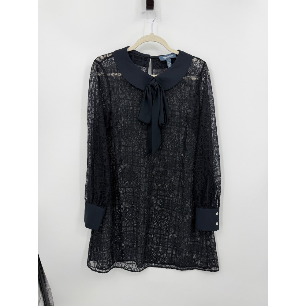ModCloth Lace Mini Dress Womens M Black Peter Pan Collar Bow Sheer Long Sleeve